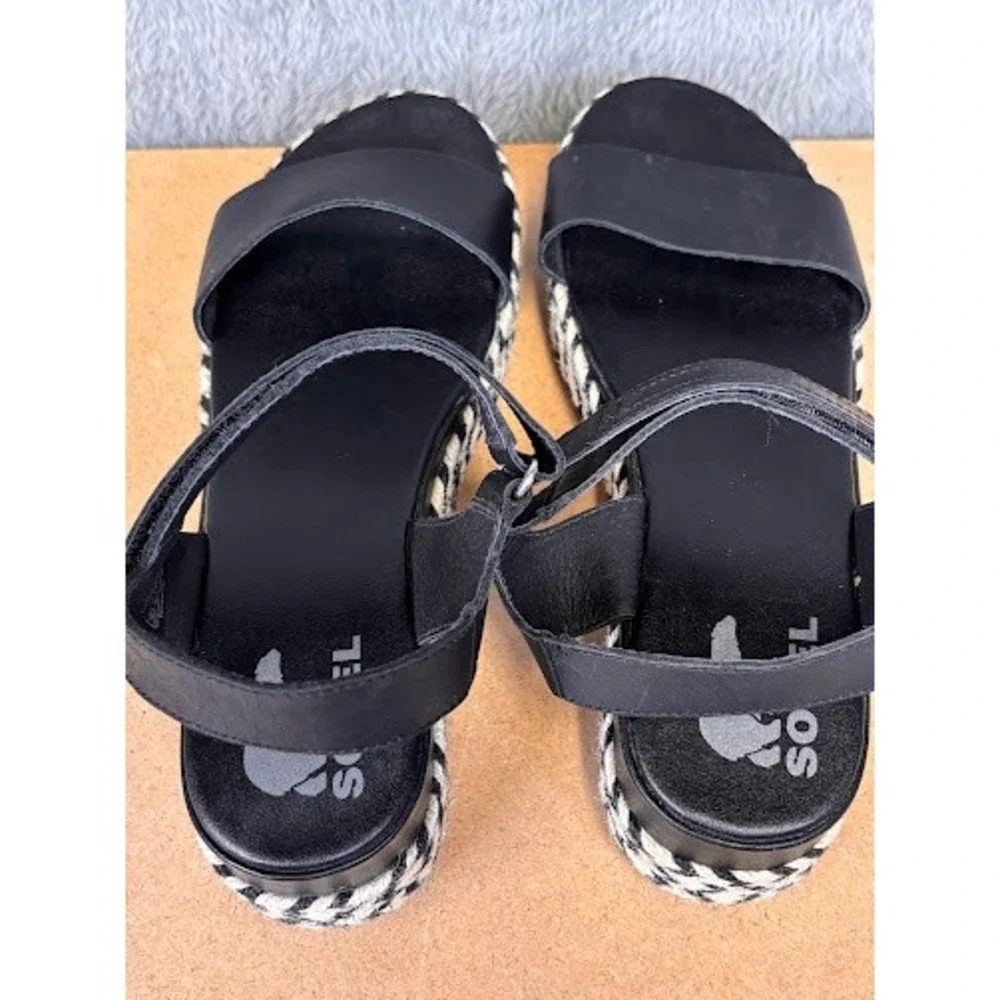 Sorel Cameron Flatform Sandals Black Leather Chevron Espadrille Womens 10 NL4012